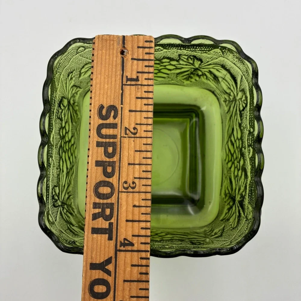 Vintage Green Harvest Grape Glass Planters Square Scalloped Pedestal Set of 2